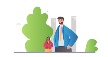 İş etkinliği sahnesi. Ofis çalışanlarından ya da girişimcilerden oluşan mutlu bir ekiple afişi taşımak. Ortaklık, işbirliği, takım çalışması ve işbirliği. Çizgi film düz animasyon grafikleri