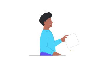 Çalışma akışı optimizasyonu. İş istatistikleriyle etkileşime geçen ve başarı elde etmek için iş süreçlerini yöneten erkek girişimci veya ofis çalışanı ile afiş taşımak. Düz ana hatlı canlandırılmış grafikler