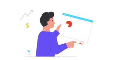 Çalışma akışı optimizasyonu. Şirket büyümesi ve gelişimi için istatistikleri analiz eden dizüstü bilgisayarda çalışan erkek girişimci ya da ofis çalışanı ile afiş taşımak. Düz ana hatlı canlandırılmış grafikler