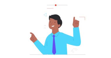 Çalışma akışı optimizasyonu. Finansal istatistiklerle iş süreçlerini yönetmek için erkek ofis çalışanıyla afiş taşıyorlar. Verimlilik ve verimlilik. Düz ana hatlı canlandırılmış grafikler