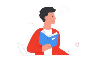 Edebiyat hayranıyım. Mutlu bir adamın ilginç hikayeler okuduğu ve kütüphanedeki raflara kitap koyduğu bir afiş. Kitap sever ve okuyucu. Hobiler ve eğitim. Düz ana hatlı canlandırılmış grafikler