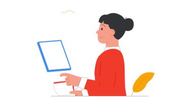 Edebiyat hayranıyım. Mutlu gülümseyen bir kızın dijital tablet üzerine e-kitap okuduğu bir afiş. Çeşitli kitaplar, hikayeler ve romanlarla çevrimiçi kütüphane. Eğitim ve hobiler. Düz ana hatlı canlandırılmış grafikler