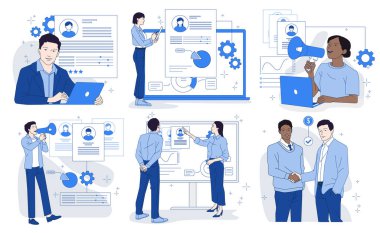 İş adamları, dizüstü bilgisayarları ve çizelgeleri işe alma, işe alma ve beyaz bir arkaplanda takım oluşturma için kullanıyorlar. İnsan kaynakları kavramı. Vektör illüstrasyonu