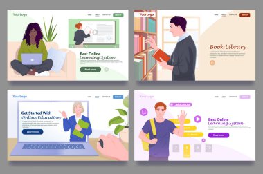 Öğrencilerin ve öğretmenlerin çevrimiçi öğrenim, uzaktan eğitim ve dijital kütüphanelere girişlerini gösteren dört eğitim sitesi. Vektör illüstrasyonu