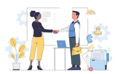 Ofis ortamında el sıkışan iki iş adamı, düz grafik tarzı, simge ve grafiklerle beyaz arka plan, ortaklık ve başarı kavramı. Vektör illüstrasyonu