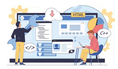 İki geliştirici beyaz arkaplan üzerinde simgeler ve grafiklerle çevrili büyük bir ekranda kodlama elemanlarıyla etkileşime girer. Programlama ve web geliştirme kavramı. Vektör illüstrasyonu