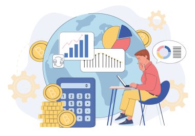 Küresel mali altyapıda grafikler, paralar ve hesap makineleriyle çevrili bir adam dizüstü bilgisayardaki kripto para piyasası verilerini analiz ediyor. Dijital finans kavramı. Vektör illüstrasyonu