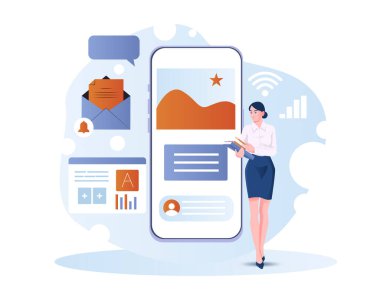 İş kadını dosyaları büyük bir akıllı telefon arayüzünün yanında tutuyor. Beyaz zemin üzerinde düz grafik tarzı simgeler ve çizelgeler var. Mobil verimlilik kavramı. Vektör illüstrasyonu
