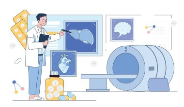 Tıbbi uzmanlar insan organlarının MRI görüntülerini inceliyor. Buna modern hastane ortamında beyin, karaciğer ve kalp de dahil. İlaçlar ve tarayıcı ekipmanları da dahil. Vektör illüstrasyonu