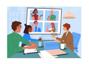 İş adamlarının iş arkadaşlarıyla ekranda bir video konferansı var, modern düz grafik tarzı, ofis içi arka planı, uzaktan kumanda takım çalışması kavramı. Vektör illüstrasyonu
