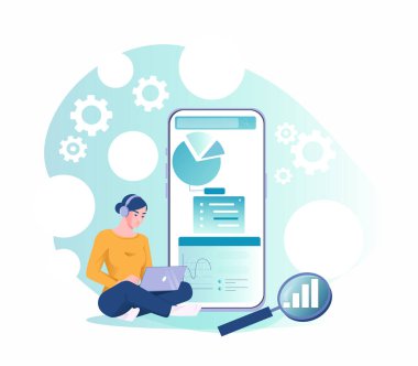 Kulaklıklı bir kadın dizüstü bilgisayarının yanında çalışıyor çizelgeler, grafikler ve verileri gösteriyor ve ışık soyut arkaplanda dişli simgeleri var. Mobil veri analizi kavramı. Vektör illüstrasyonu