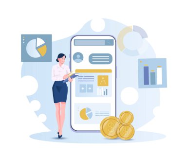 Geniş akıllı telefon ekranının yanında duran kadın analist soyut arka planda finansal grafikler, grafikler ve madeni paralar gösteriyor. Mobil finans kavramı. Vektör illüstrasyonu