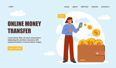 Dijital mali işlemler için cep telefonu kullanan bir kadın, açık mavi arka planda bozuk para ve cüzdanı olan bir çizgi film tarzı. Çevrimiçi para transferi kavramı. Vektör illüstrasyonu