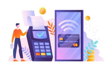 Bir adam ödeme terminalinin yanında duruyor ve beyaz arka planda temassız kredi kartlı, soyut yapraklı ve bozuk paralı akıllı bir telefon var. Dijital işlemler kavramı. Vektör illüstrasyonu