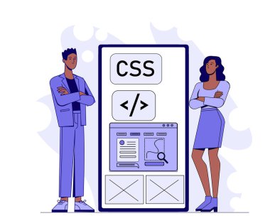 Büyük ekranın yanında duran iki kişi CSS kodunu ve UI düzen elemanlarını gösteriyor, beyaz arka planda düz stil, web gelişiminde takım çalışması kavramı. Vektör illüstrasyonu
