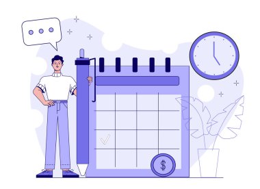 Dev bir kalem tutan, dev bir takvimin yanında duran adam, duvarda saat, yukarıda konuşma balonu, bitkilerle soyut bir arkaplan. Zaman yönetimi kavramı. Vektör illüstrasyonu