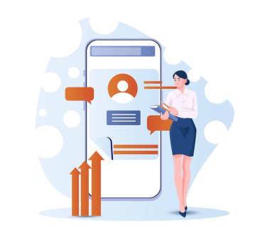 İş kadını elinde kitaplarla sohbet baloncukları ve büyüyen oklarla büyük mobil arayüzü tutuyor. Düz grafik tarzı. Dijital iletişim ve analitik kavramı. Vektör illüstrasyonu