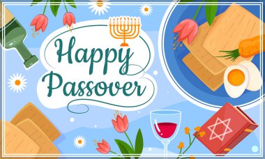 Fısıh bayrağınız kutlu olsun. Yahudi bayramını kutlamak için şarap, yemek ve çiçeklerle dolu renkli bir poster ya da tebrik kartı. Sosyal ağlar için tasarım ögesi. Çizgi film düz vektör çizimi