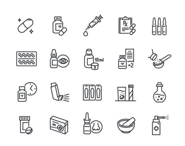 İlaç dozaj çizgisi simgeleri ayarlandı. Hap, hap, şurup, sprey ve hastalıkların tedavisinde kullanılan basit semboller. Düzenlenebilir felç. Taslak vektör illüstrasyon koleksiyonu arkaplanda izole edildi