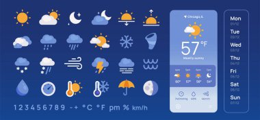 Hava durumu ikonu ayarlandı. Meteorolojik elementlere sahip basit renkli simgeler, bulut, güneş, yağmur, ay ve rüzgar. Uygulama için tasarım ögesi. Düz vektör illüstrasyon koleksiyonu arkaplanda izole