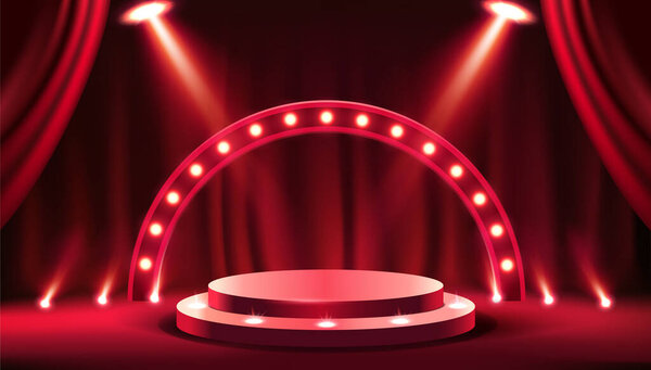 Background with luxury 3D podium. Advertising banner with red spotlight, curtains, stage or platform for product presentation or awarding. Design for website. Realistic 3D render vector illustration