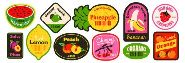 Retro Meyve Çıkartması Seti. Süpermarketler ve çiftlik dükkanları için meyve barkod etiketleri. Limonlu, şeftalili, muzlu ve ananaslı moda rozetler. Düz vektör illüstrasyon koleksiyonu arkaplanda izole