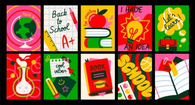 Okul Posteri Seti 'ne dönüyoruz. Küre, kitap, kalem ve sırt çantalı Doodle kılıfları. Eğitim, öğrenme ve öğrenim. Düz elle çizilmiş vektör illüstrasyon koleksiyonu arkaplanda izole edildi