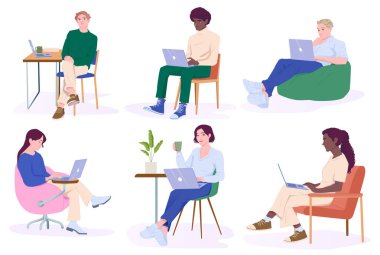 Uzaktan kumanda işçileri. Mutlu erkek ve kadın işçiler ya da çalışanlar iş yerinde otururken dizüstü bilgisayarda iş yapıyorlar. Düz vektör illüstrasyon koleksiyonu arkaplanda izole