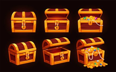 Hazine sandığı. Altın sikkeler, elmaslar, değerli taşlar ve korsan zenginliğiyle açılmış ve kapatılmış ahşap kaplar. Oyun için tasarlanmış. Çizgi film 3 boyutlu vektör illüstrasyon koleksiyonu arkaplanda izole edildi