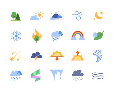 Doğal fenomenlerle ilgili bir dizi ikon. Orman yangınları, gökkuşağı, kasırga, günbatımı ve kar yağışlı renkli işaretler. Uygulama için tasarım ögesi. Düz vektör illüstrasyon koleksiyonu arkaplanda izole
