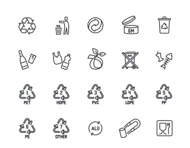 Evrensel geri dönüşüm çizgisi simgeleri ayarlandı. Evdeki atıkların, plastiklerin, tabelaların sıralanması ve yeniden kullanılması için çöp kutularının olduğu basit semboller. Düzenlenebilir felç. Taslak vektör illüstrasyon koleksiyonu arkaplanda izole edildi