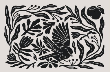 Matisse sanat afişi. Doğal bitki dalları, çiçekler ve kuşlarla çağdaş tarzda soyut bir arka plan. Koyu yaprak siluetleri olan organik desenler. Düz elle çizilmiş vektör çizimi