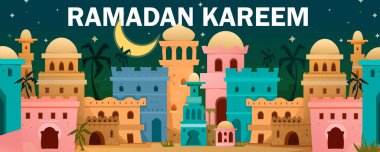 Ramazan Kareem bayrağı. Cami ve evleri olan eski bir Arap şehrinin mimarisi ile renkli bir geçmişi var. Geleneksel Müslüman bayramını kutlamak için kartpostal. Çizgi film düz vektör çizimi