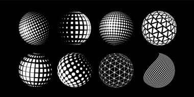 Yuvarlak noktalı şekil seti. Yarım tonluk geometrik şekilli küreler. Grid Globe elementleri. Fütürist posterler için teknik tasarım unsurları. Arka planda 3 boyutlu vektör illüstrasyon koleksiyonu izole edildi