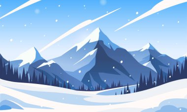 Güzel kış manzarası. Karlı dağların, kayaların, ladin ormanlarının ve karlı tepelerin olduğu doğal bir manzara. Soğuk hava mevsiminde vahşi bir manzara. Çizgi film düz vektör çizimi