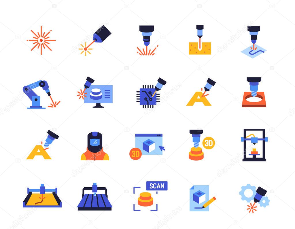 Set of icons related to laser cutting. Colorful signs with 3D milling machine, laser engraving and router machine. Design element for app. Flat vector illustration collection isolated on background
