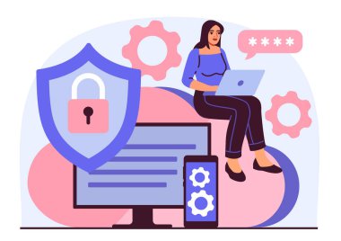 Aşağıda kalkan kilidi simgesi, monitörü ve akıllı telefonu olan dizüstü bilgisayar kullanan bir kadın, arka planda dişliler, siber güvenliği ve veri korumasını simgeliyor. Vektör illüstrasyonu