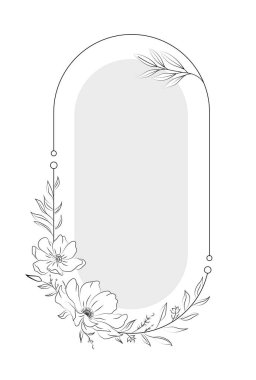 Beyaz arka planda siyahla çizilmiş, düğün veya davetiye tasarımı için mükemmel elle çizilmiş çiçek desenli zarif bir çerçeve. Vektör illüstrasyonu