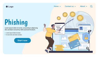 Bir adam, dijital arka planda, bir dizüstü bilgisayardan, düz grafik tarzında, kredi kartı ve dosya çalmak için olta kamışı kullanıyor. Sahtecilik ve siber suç kavramı. Vektör illüstrasyonu