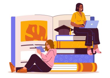 İki öğrenci, beyaz bir arkaplanda çizgi film tarzında kitap ve dizüstü bilgisayar kullanıyor. Eğitim, e-öğrenme ve akademik bilgi kavramı. Vektör illüstrasyonu