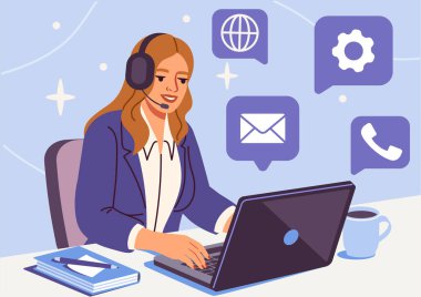 Kulaklıklı bir kadın dizüstü bilgisayarda çalışıyor, sohbet ediyor ve iletişim ikonları oluşturuyor, düz stil, açık mavi arka plan. Müşteri hizmetleri kavramı. Vektör illüstrasyonu