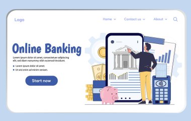 Beyaz arka planda, finansal simgelerle çevrili, bankacılık uygulaması arayüzü gösteren büyük akıllı telefonla etkileşim halinde olan bir adam. Dijital finans kavramı. Vektör illüstrasyonu