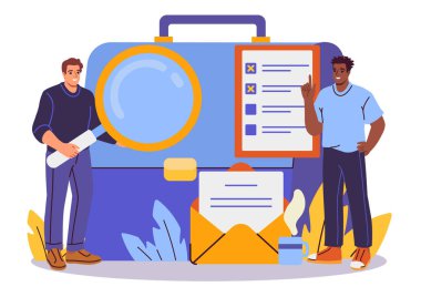 İki adam bir evrak çantasının yanında büyüteç ve kontrol listesiyle iş fırsatlarını inceliyor. Beyaz arka planda düz stil. İş arama kavramı. Vektör illüstrasyonu