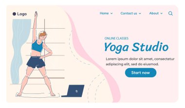 Evde yoga minderinde gerinen kadın karakter, düz grafik tarzı, yumuşak pastel arka plan, çevrimiçi fitness ve sağIık rutini kavramı. Vektör illüstrasyonu