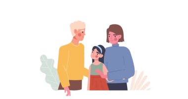 Çocuk evlat edinme sahnesi. Mutlu, çok kültürlü bir çiftin evlatlık kızlarına sarılıp seviştiği afişler. Yetimhaneden çocuğu olan koruyucu aile. Çizgi film düz animasyon grafikleri