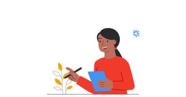 İş kurma. Girişimciyle çevrimiçi iş konferansında konuşma yapmak ve başarı için strateji geliştirmek. Kadın yatırım danışmanı. Düz ana hatlı canlandırılmış grafikler