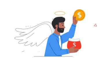İş kurma. Elinde altın para tutan ve yatırım yapan melek kanatlı bir adam. Girişimcilik, iş danışmanlığı ve başarı için danışmanlık. Düz ana hatlı canlandırılmış grafikler