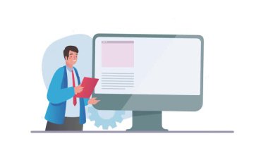 Büyük veri. Erkek finans danışmanı ve analistle afiş taşıyarak bilgisayar ekranında grafikleri, şemaları ve iş istatistiklerini analiz etmek. Veri Bilimi ve Yönetim. Çizgi film düz animasyon grafikleri