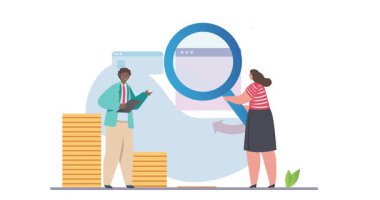 Büyük veri. Finansal başarı elde etmek için istatistik, grafik ve grafikleri analiz eden kadın ve erkek girişimcilerle dolu afişler. İş veri yönetimi. Çizgi film düz animasyon grafikleri