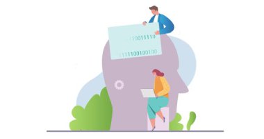 Büyük veri. Girişimcilerle birlikte, ikili kodlu yapay zeka kullanarak verileri analiz eden bir pankart. Makine Öğrenme, Veri Bilimi ve İstatistik Analizi. Çizgi film düz animasyon grafikleri